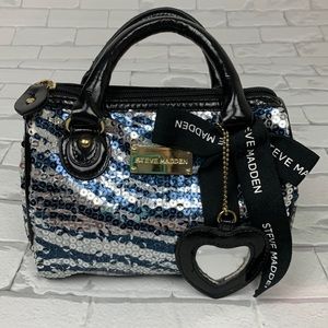 Steve Madden Sequined Mini bag Bow mirror with  zip closure Blue silver